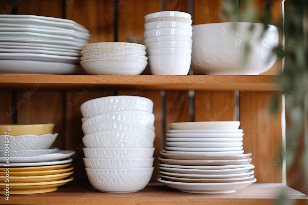 stacked ceramic plates on open shelving
