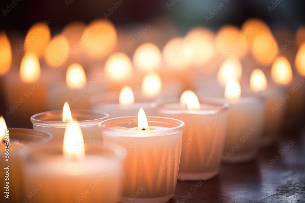 a soft-focus image of lit votive candles