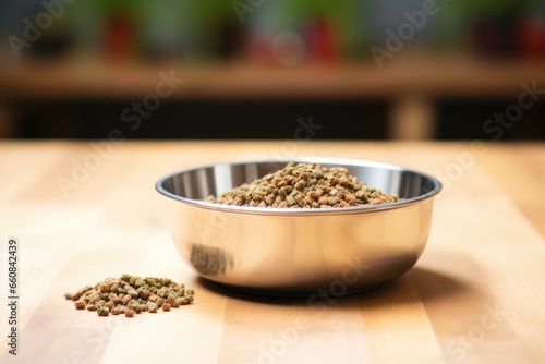a bowl of pet food next to a water dish