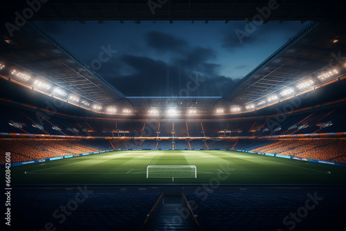 Soccer stadium at night brightly lit with floodlights - theme sports and world championship