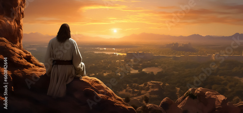 Jesus sits on a mountain and looks down on a valley - theme religion, faith and afterlife