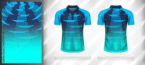 Vector sport pattern design template for Polo T-shirt front and back with short sleeve view mockup. Dark and light shades of blue color gradient abstract geometric line texture background.