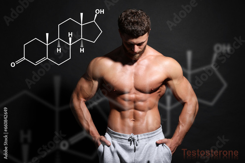 Photography Muscular man and structural formula of testosterone on black background, closeup