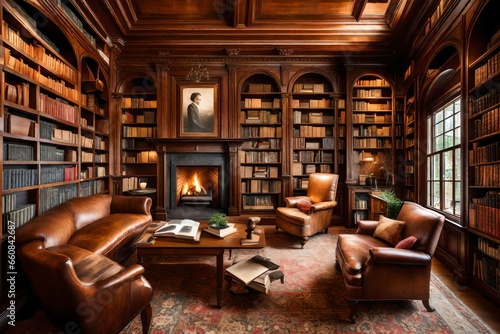 A cozy library with bookshelves stretching to the ceiling and a crackling fireplace.