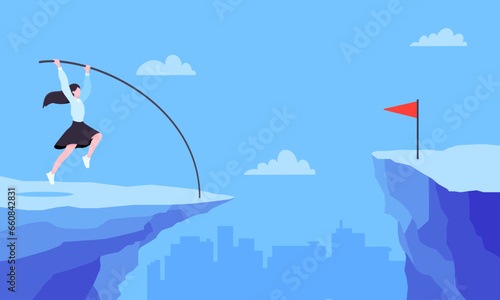 Businesswoman jumps pole vault over graph bars flat style design vector illustration business concept. Business growth and goal achievement concept.