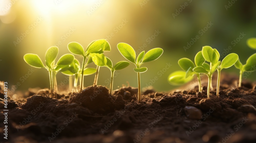 Seedlings are growing from nutrient-rich soil toward the morning sunlight, illustrating an ecological concept. - obrazy, fototapety, plakaty 
