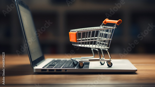Shopping cart with laptop keyboard on wood table in office bokeh background