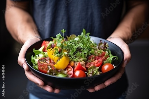 Hands presenting a healthy plate of fresh salad