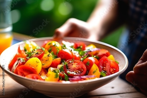 Hand holding a healthy plate of fresh salad in a table