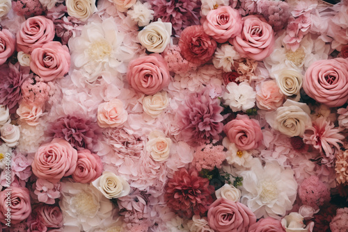 beautiful flower wall with fresh pink roses  peonies and ranunculuses