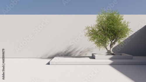 Obraz na plátne Minimalism architecture tree in the courtyard surrounded by walls, blue sky
