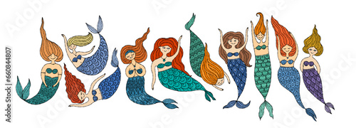 Cute mermaid friends, concept kids print, hand drawn art. Art for print - car...