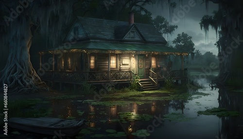 New Orleans fantasy swamp shack on the bayou scene gas lamps moss trees alligators in water smoke from chimney voodoo atmosphere magic photorealistic hyperrealism cinematic raytracing  © Mary