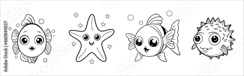 Cute funny clown fish, starfish and puffer fish for coloring. Vector template for a coloring book with funny animals. Colouring page for kids.	