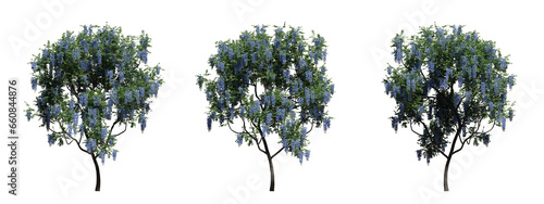 Set of beautiful summer tree with green foliage and bright flowers on a transparent background. 3d render