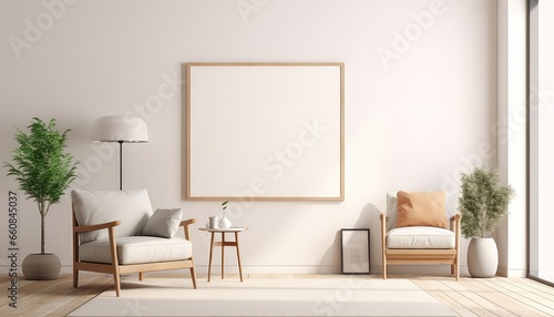 Minimalist Living Room Artist's Frame on Beige Rug © LONG