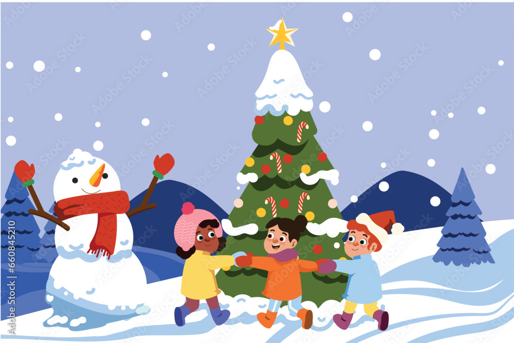 Children Playing with Snowman | Winter Christmas Theme Card Children Playing with Snowman | Winter Christmas Theme Card