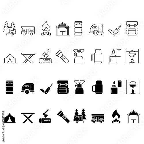 Camping icon vector set. Hike illustration sign collection. Tent symbol. Camp logo.