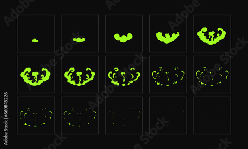 Smoke blast effect animation. green smoke explosion sprites sheet frames for video games, classic cartoon or motion design. Vector art.