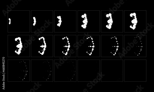 Smoke blast effect animation. Smoke explosion sprites sheet frames for video games, classic cartoon or motion design. Vector art.