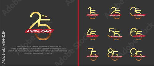 set of anniversary logo gold color and red ribbon on black background for celebration moment