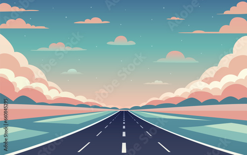 Road to infinity, vacation trip, banner horizon road sky. Vector illustration
