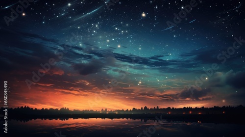 A night sky with stars reflecting in the water © Maria Starus