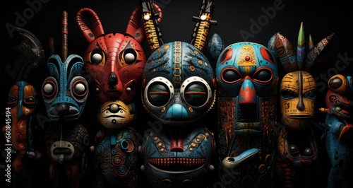 A group of colorfully painted masks on a black background