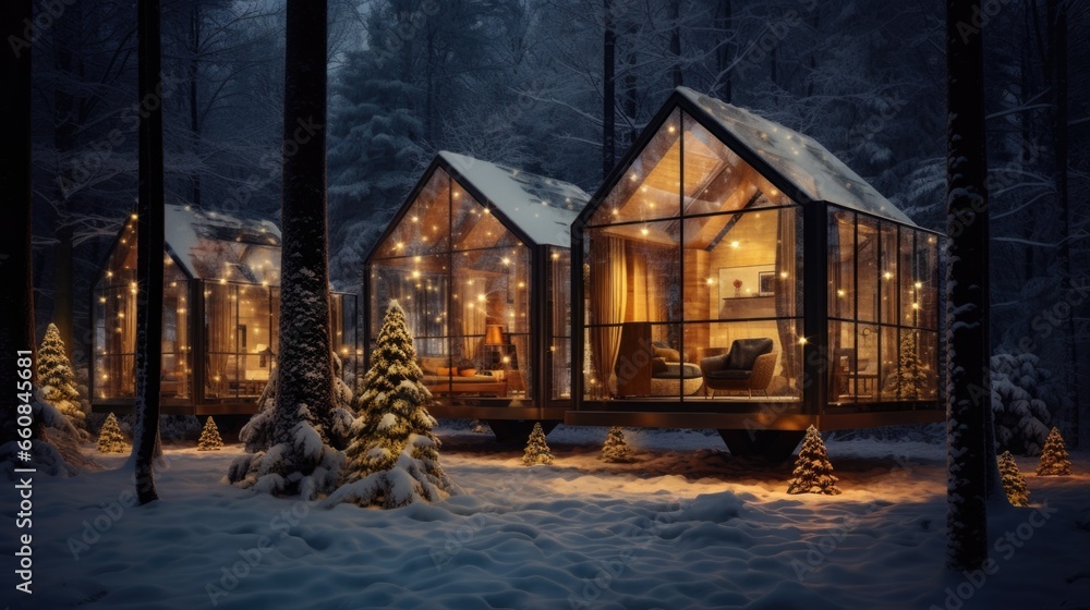 A couple of cabins sitting next to each other in the snow
