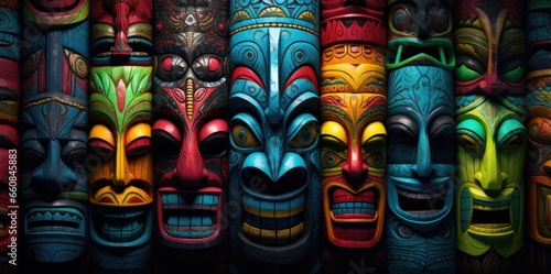A group of brightly colored wooden tiki masks
