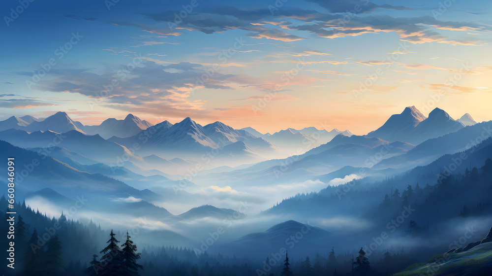 Visualize a serene mountain landscape during the early hours of dawn. The mountains rise majestically against a soft pastel sky, with their peaks touching the first rays of sunlight.