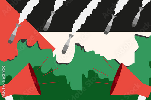 Palestine Israel military conflict. Airstrike on Middle east. Grunge poster with ruins on Palestine flag and bombs. Vector illustration.