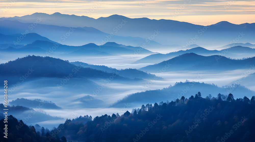 Visualize a serene mountain landscape during the early hours of dawn. The mountains rise majestically against a soft pastel sky, with their peaks touching the first rays of sunlight.