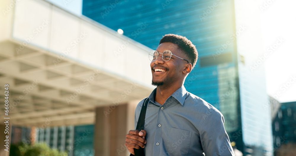 Business, happy and walking black man on city journey, commute trip and realtor smile on way to office building. Happiness, career expert and African real estate agent on morning travel in Nigeria - obrazy, fototapety, plakaty 