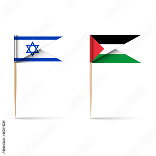 Israel and Palestine paper flags with a wooden stick toothpick with shadow isolated white background, visualization design element for conflict or war strategy map pins, realistic vector 3d objects.