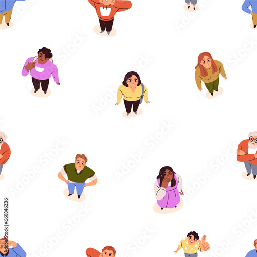 Characters looking up, seamless pattern. People, top down view, endless backg...