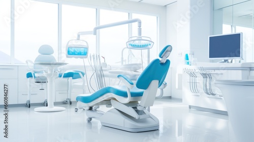 A brightly lit treatment room with a dentist's chair and equipment.