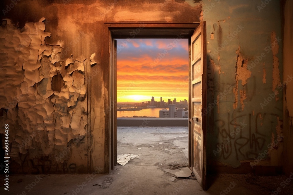 sunset view through doorway on urban wall. Generative AI