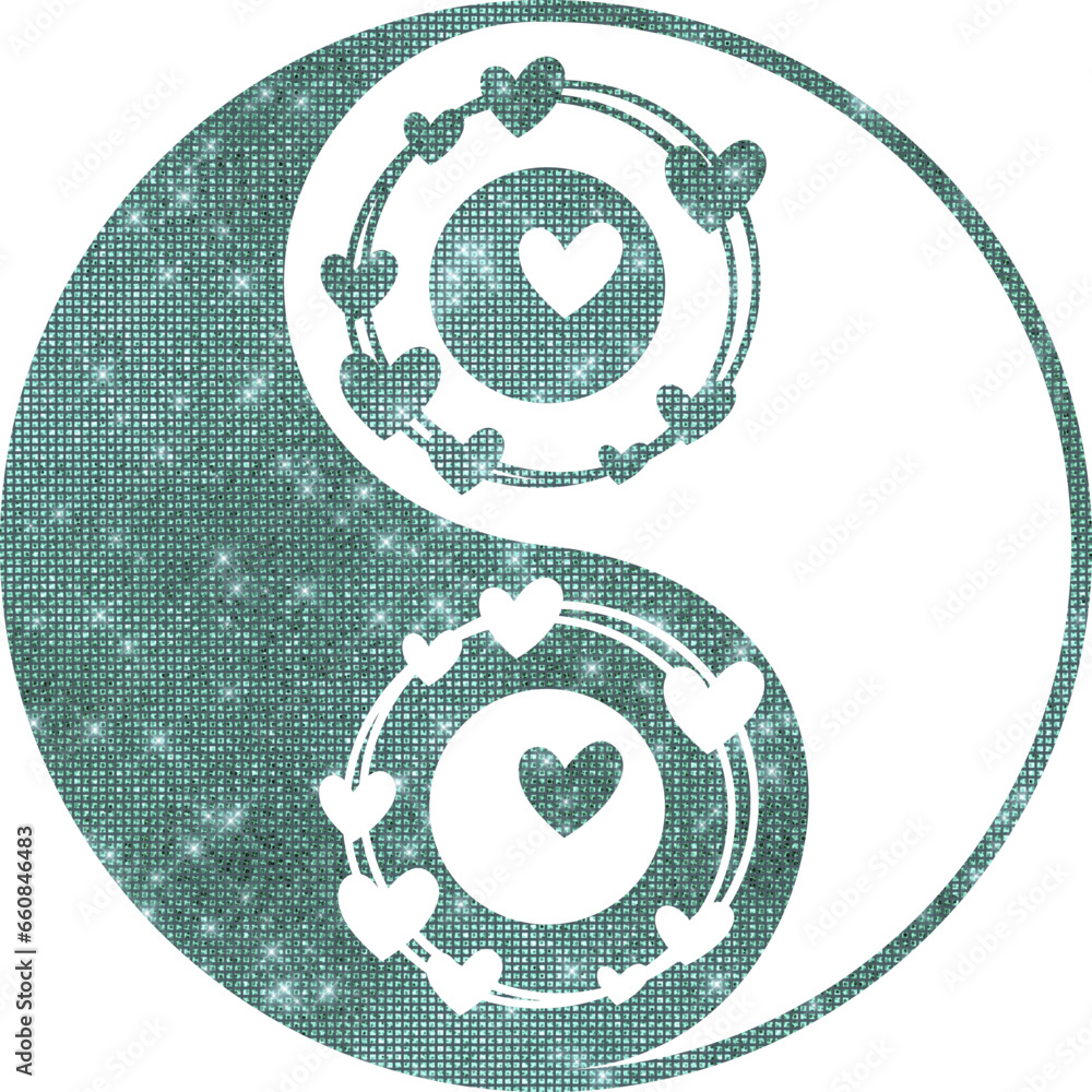 yin yang mit Herz in türkis Diamanteffekt mit transparentem Hintergrund  - obrazy, fototapety, plakaty 