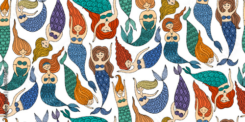 Cute mermaid friends, concept kids print, hand drawn art. Seamless pattern fo...