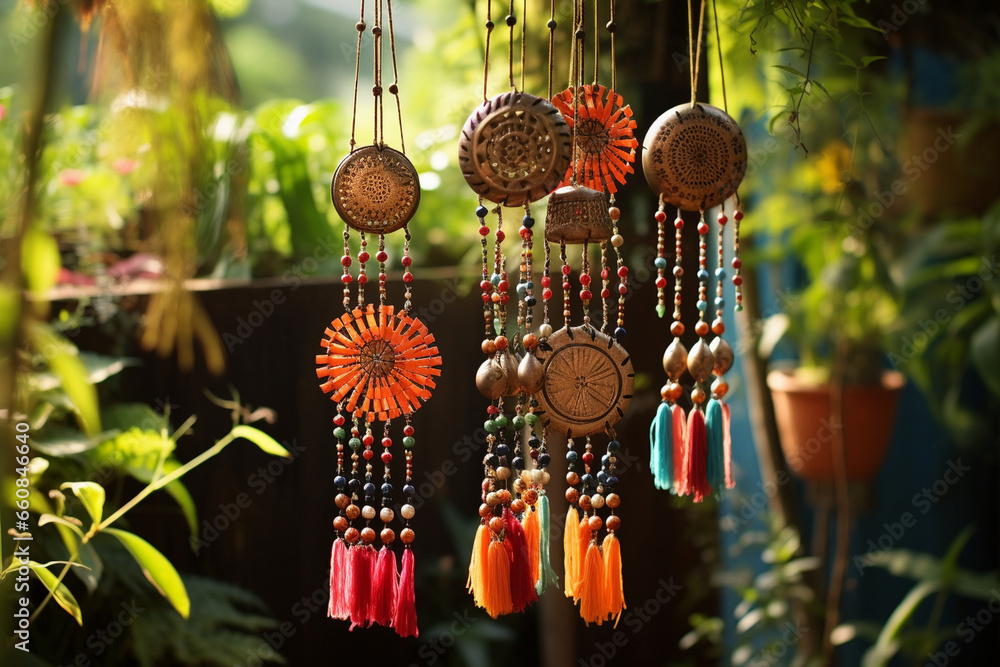 wind chimes as part of a Bohemian-style outdoor décor, combining elements of artistry and free-spirited living.