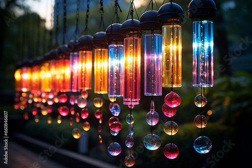 photo featuring wind chimes with colorful elements that catch and reflect sunlight, producing a rainbow effect.