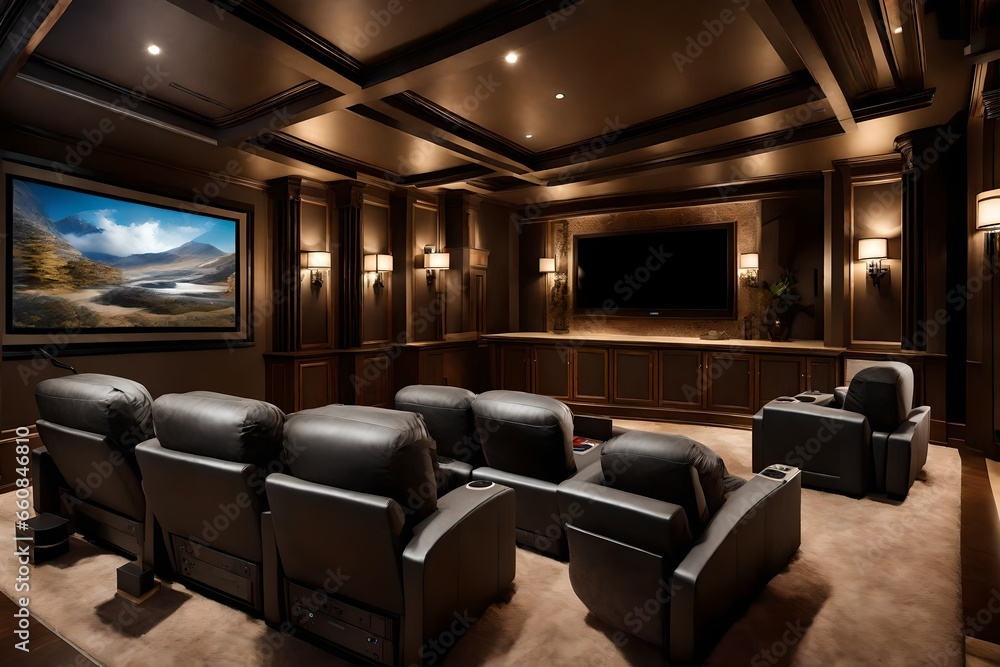 A modern home theater with plush seating, a large screen, and surround sound speakers. A modern home theater with plush seating, a large screen, and surround sound speakers.