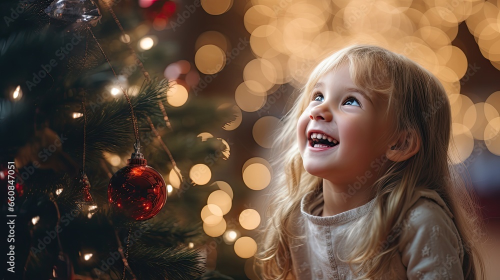 little girl laughs against the background of a christmas tree (generative AI) little girl laughs against the background of a christmas tree (generative AI)