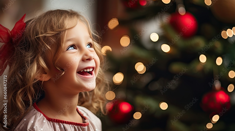 little girl laughs against the background of a christmas tree (generative AI) little girl laughs against the background of a christmas tree (generative AI)