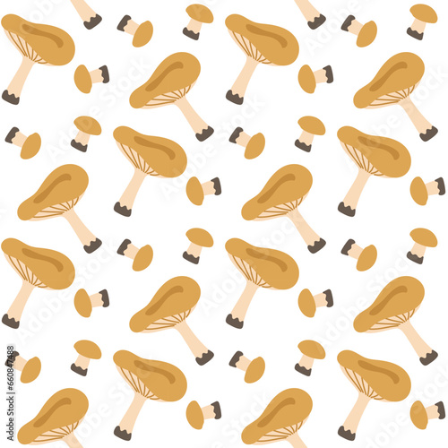 Pattern with ochre russula on white background. Cartoon flat vector large and small mushroom in different positions. Design template for textiles, wallpaper, print. russula on a seamless background