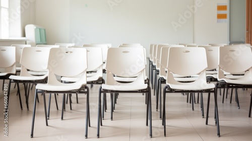 A row of empty chairs stands before a classroom whiteboard  ready for students.