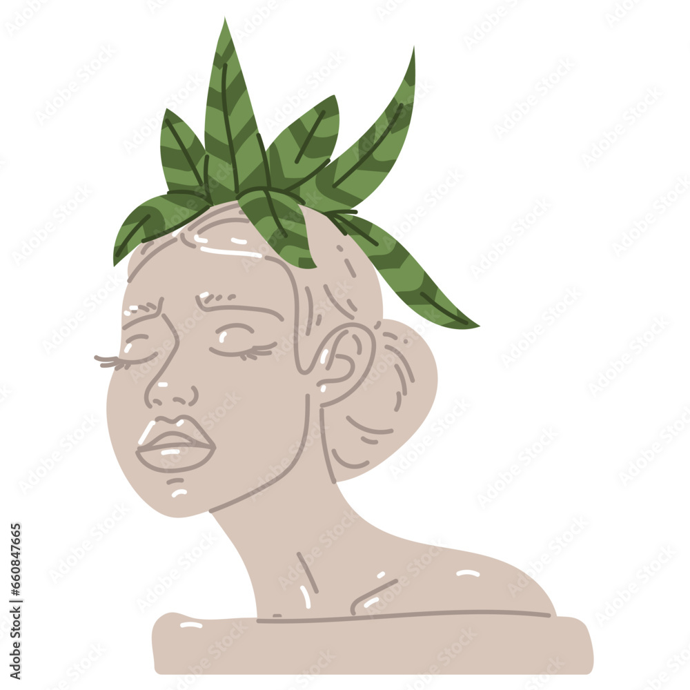 A flower pot with a female portrait of an antique Greek sculpture in a modern style. Modern female sculpture, portrait with a plant on her head. Hand-drawn vector illustration highlighted on a white