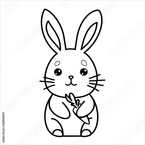 Cute funny bunny with carrot for coloring. Vector template for a coloring book with funny animals. Colouring page for kids. 