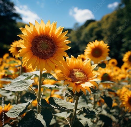 Sunlit Sunflowers Standing Tall in the Meadow  